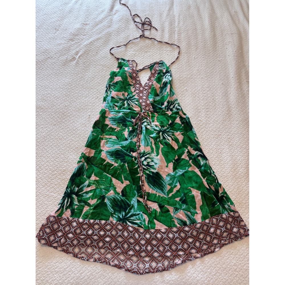 Sperry Tropical Palm Leaf Halter Dress Green Pink Geometric Trim Medium